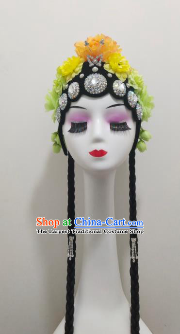 Chinese Classical Dance Wigs Woman Group Dance Hair Accessories Traditional Peking Opera Hua Tan Hairpieces