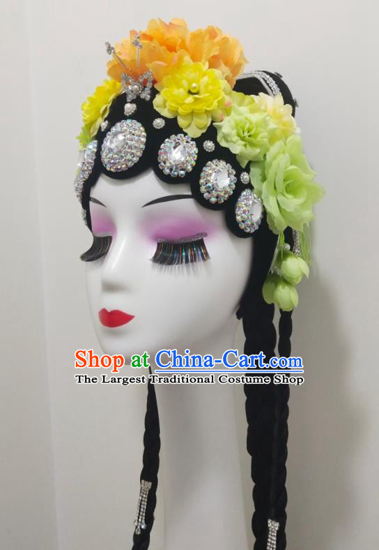 Chinese Classical Dance Wigs Woman Group Dance Hair Accessories Traditional Peking Opera Hua Tan Hairpieces