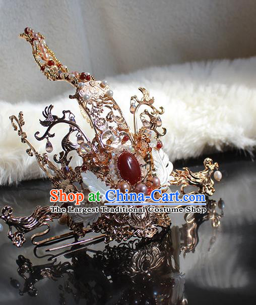 Chinese Ancient King Agate Headpieces Traditional Jin Dynasty Royal Highness Golden Hair Crown and Hairpin