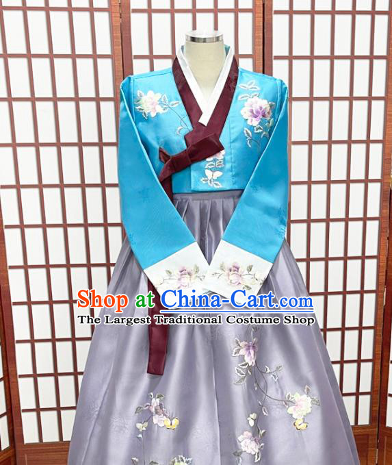 Korean Court Woman Fashion Embroidered Blue Blouse and Grey Dress Traditional Performance Hanbok Clothing Classical Wedding Garment Costumes