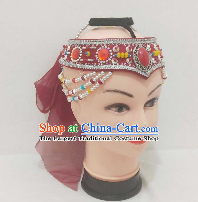 China Mongolian Minority Performance Headpiece Mongol Nationality Red Headband Ethnic Folk Dance Hair Accessories