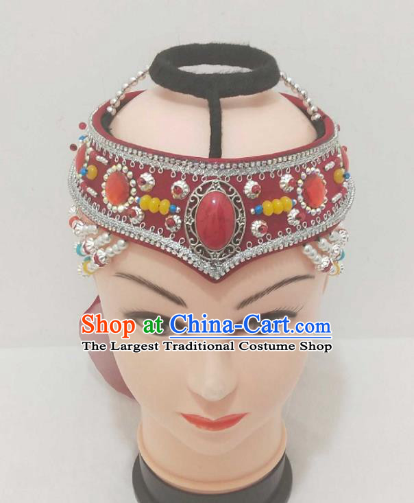 China Mongolian Minority Performance Headpiece Mongol Nationality Red Headband Ethnic Folk Dance Hair Accessories
