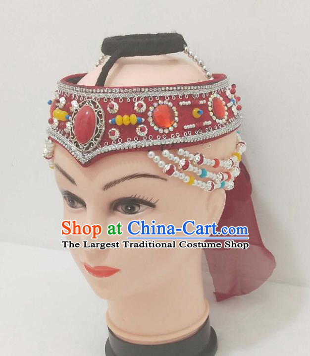 China Mongolian Minority Performance Headpiece Mongol Nationality Red Headband Ethnic Folk Dance Hair Accessories
