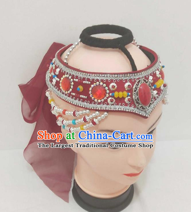 China Mongolian Minority Performance Headpiece Mongol Nationality Red Headband Ethnic Folk Dance Hair Accessories