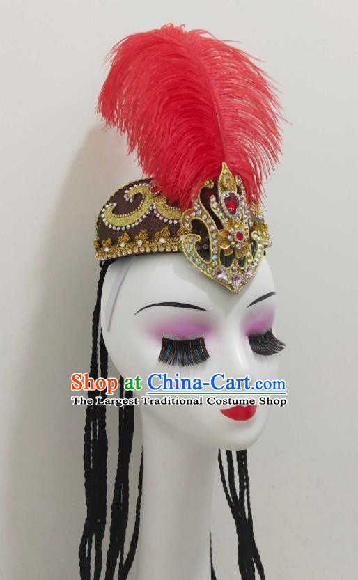 China Uyghur Nationality Red Feather Hat Xinjiang Ethnic Folk Dance Hair Accessories Uyghur Minority Performance Headwear