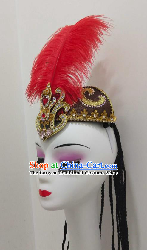 China Uyghur Nationality Red Feather Hat Xinjiang Ethnic Folk Dance Hair Accessories Uyghur Minority Performance Headwear