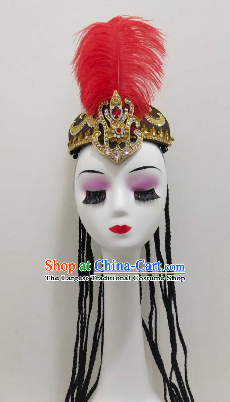China Uyghur Nationality Red Feather Hat Xinjiang Ethnic Folk Dance Hair Accessories Uyghur Minority Performance Headwear