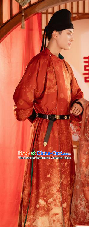 China Ancient Swordsman Red Hanfu Robe Garment Tang Dynasty Imperial Bodyguard Historical Clothing for Men