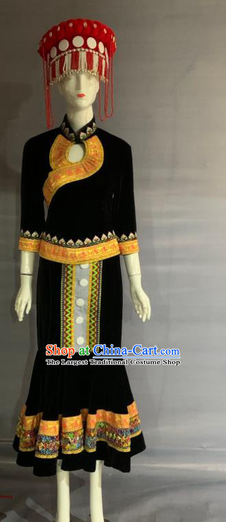 Chinese Minority Folk Dance Black Dress Uniforms Yunnan Ethnic Woman Garment Costume Lisu Nationality Dance Clothing
