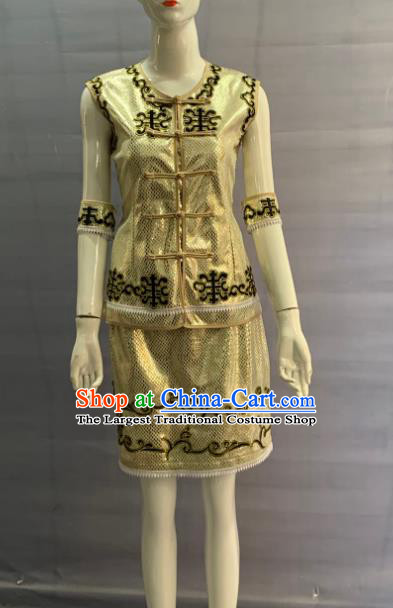 Chinese Hezhe Nationality Dance Clothing Nanai Minority Folk Dance Golden Uniforms Hezhen Ethnic Woman Garment Costume