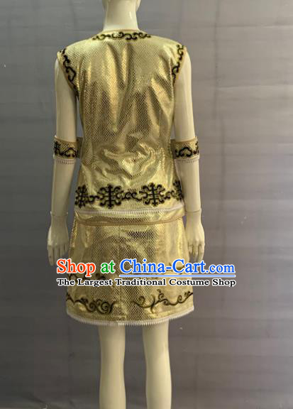Chinese Hezhe Nationality Dance Clothing Nanai Minority Folk Dance Golden Uniforms Hezhen Ethnic Woman Garment Costume