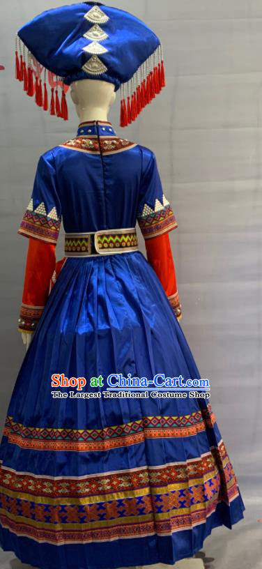 Chinese Guangxi Ethnic Bride Garment Costume Zhuang Nationality Wedding Clothing Minority Folk Dance Royalblue Dress Uniforms