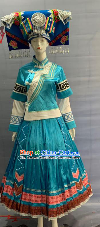 Chinese Minority Folk Dance Blue Dress Uniforms Guangxi Ethnic Bride Garment Costume Zhuang Nationality Wedding Clothing