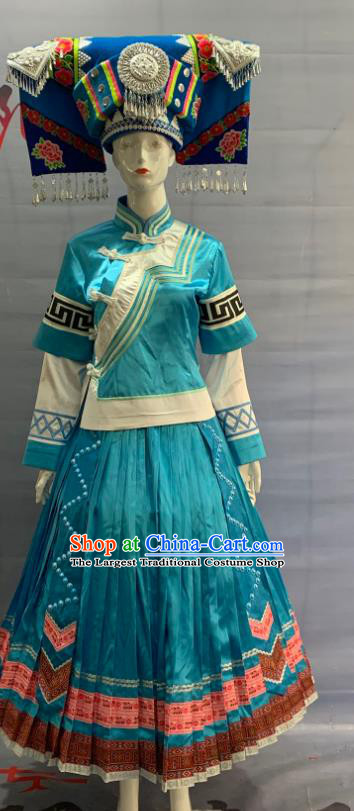 Chinese Minority Folk Dance Blue Dress Uniforms Guangxi Ethnic Bride Garment Costume Zhuang Nationality Wedding Clothing