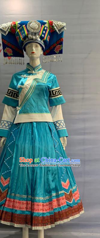 Chinese Minority Folk Dance Blue Dress Uniforms Guangxi Ethnic Bride Garment Costume Zhuang Nationality Wedding Clothing