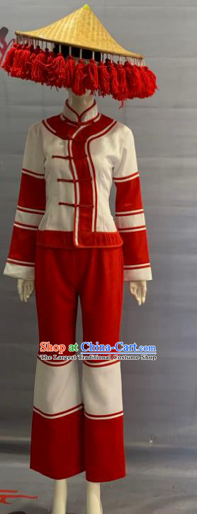 Chinese Maonan Nationality Clothing Minority Folk Dance Red Uniforms Guangxi Ethnic Country Woman Garment Costume and Bamboo Hat