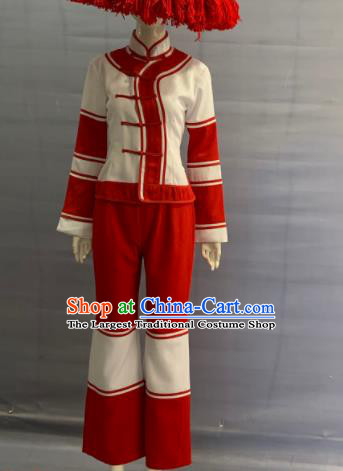 Chinese Maonan Nationality Clothing Minority Folk Dance Red Uniforms Guangxi Ethnic Country Woman Garment Costume and Bamboo Hat