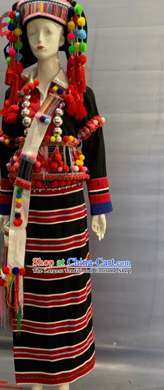 Chinese Deang Nationality Clothing De Ang Minority Folk Dance Black Dress Uniforms Yunnan Ethnic Festival Garment Costume and Headdress