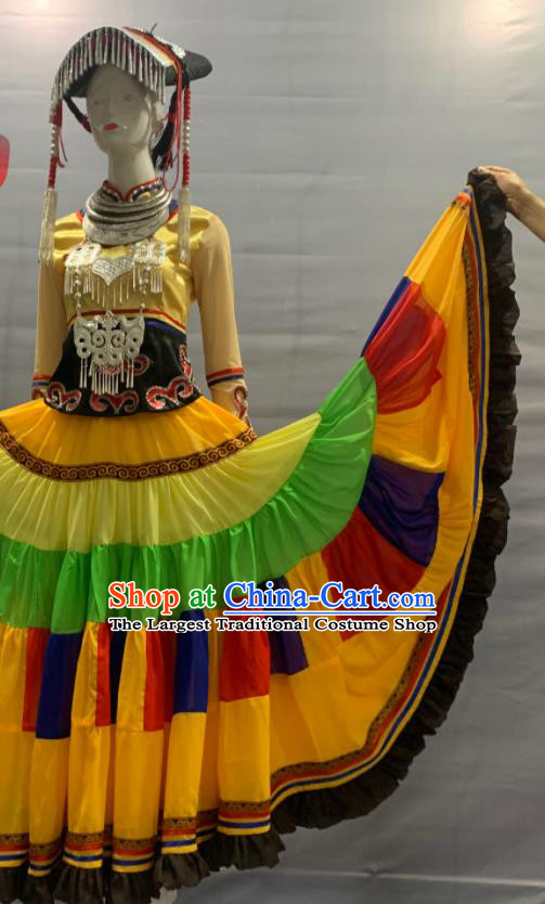 Chinese Xiangxi Ethnic Woman Garment Costume Yi Nationality Dance Dress Minority Folk Dance Clothing