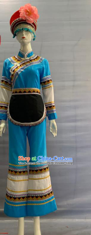 Chinese Mulao Nationality Clothing Mulam Minority Folk Dance Blue Uniforms Guangxi Ethnic Festival Garment Costume and Red Hat