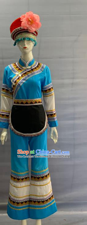Chinese Mulao Nationality Clothing Mulam Minority Folk Dance Blue Uniforms Guangxi Ethnic Festival Garment Costume and Red Hat