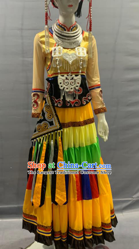 Chinese Xiangxi Ethnic Woman Garment Costume Yi Nationality Dance Dress Minority Folk Dance Clothing