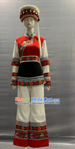 Chinese Minority Folk Dance Uniforms Yunnan Ethnic Female Garment Costume Traditional Bai Nationality Festival Clothing and Headwear