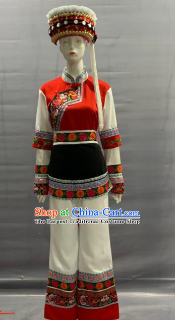Chinese Minority Folk Dance Uniforms Yunnan Ethnic Female Garment Costume Traditional Bai Nationality Festival Clothing and Headwear