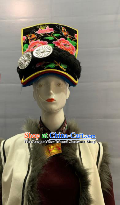 Chinese Traditional Qiang Nationality Clothing Minority Folk Dance Dress Uniforms Sichuan Ethnic Female Garment Costume and Headwear