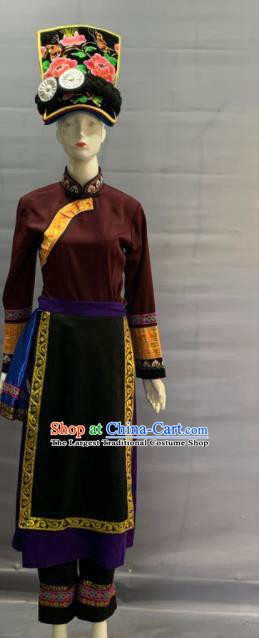 Chinese Traditional Qiang Nationality Clothing Minority Folk Dance Dress Uniforms Sichuan Ethnic Female Garment Costume and Headwear