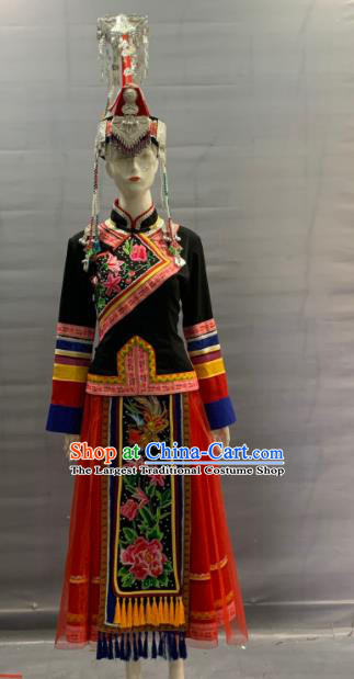 Chinese She Nationality Clothing Minority Folk Dance Dress Uniforms Guangdong Ethnic Festival Garment Costume and Silver Headwear