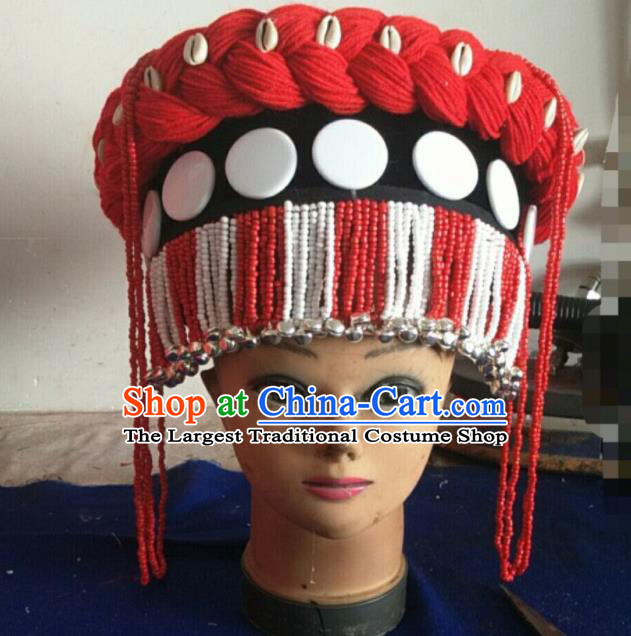Handmade Chinese Yunnan Ethnic Woman Bells Beads Hat Lisu Nationality Folk Dance Headdress