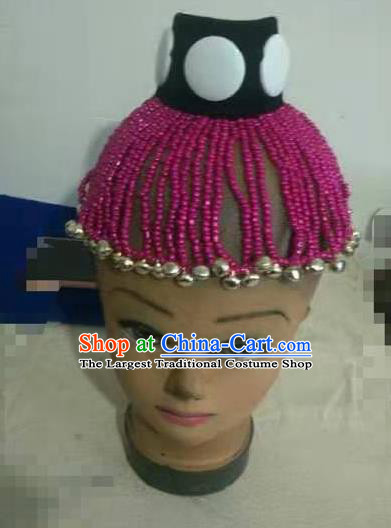 Handmade Chinese Lisu Nationality Folk Dance Bells Tassel Headdress Yunnan Ethnic Woman Rosy Beads Hat