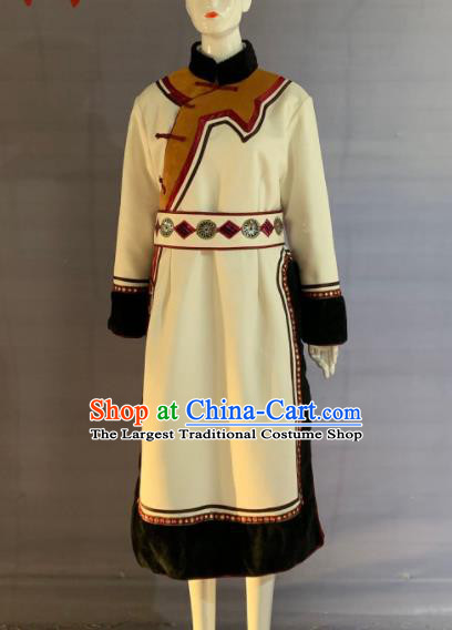 Chinese Heilongjiang Ethnic Garment Costume Oroqen Nationality Clothing Olunchun Minority Folk Dance Beige Robe Uniforms