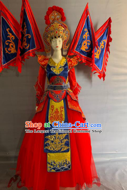 China Beijing Opera Female General Garment Costumes Traditional Peking Opera Blues Red Dress Clothing and Headdress
