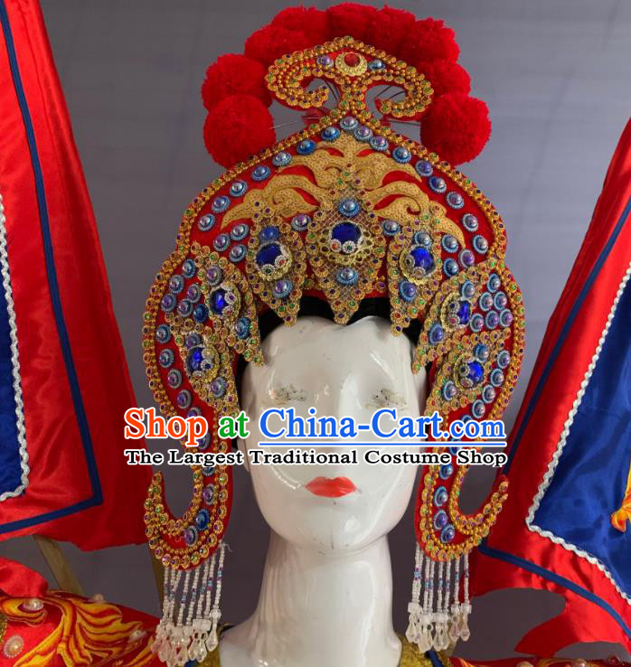 China Beijing Opera Female General Garment Costumes Traditional Peking Opera Blues Red Dress Clothing and Headdress