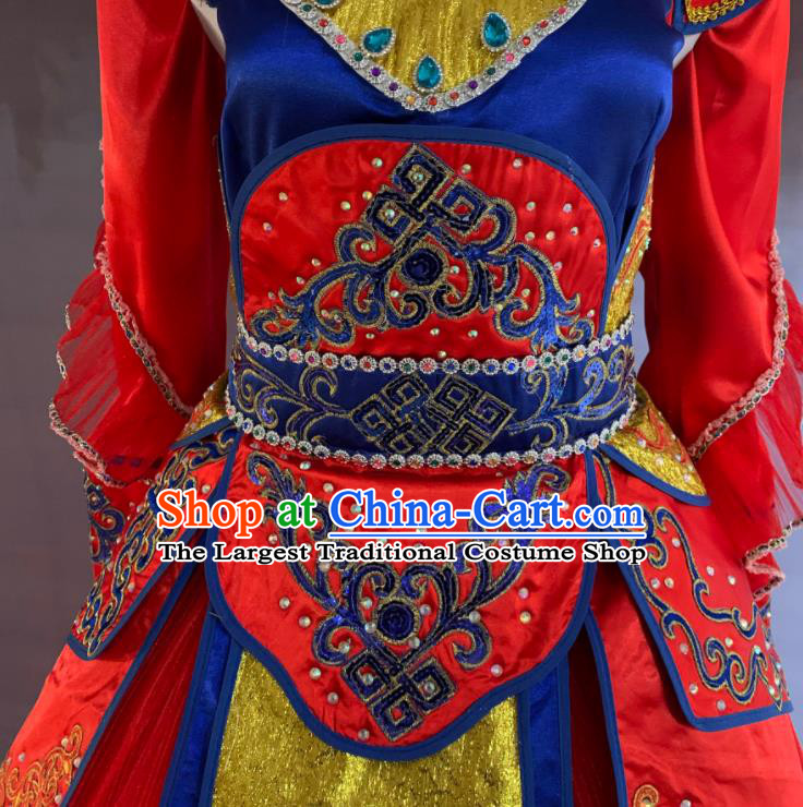 China Beijing Opera Female General Garment Costumes Traditional Peking Opera Blues Red Dress Clothing and Headdress