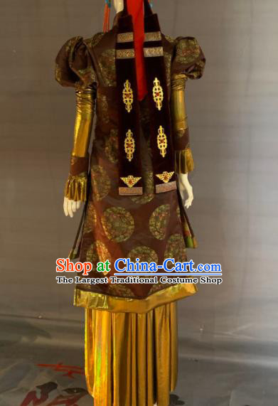 Chinese Mongol Nationality Wedding Clothing Minority Folk Dance Brown Dress Uniforms Mongolian Ethnic Traditional Garment Costume and Tassel Headdress