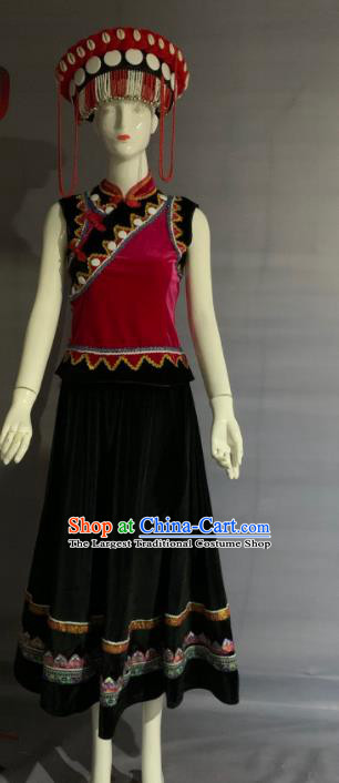 Chinese Lisu Nationality Female Clothing Minority Folk Dance Black Velvet Dress Uniforms Guangxi Ethnic Performance Garment Costume and Tassel Headwear