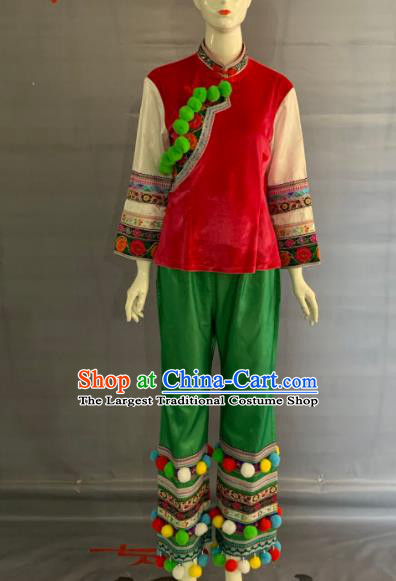 Chinese Bai Nationality Festival Clothing Yunnan Minority Folk Dance Green Uniforms Dali Ethnic Female Garment Costume and Hat