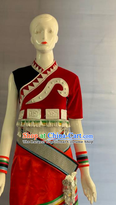 Chinese Wa Nationality Dance Clothing Minority Folk Dance Red Dress Uniforms Yunnan Ethnic Garment Costumes