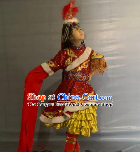 China Tibetan Ethnic Girl Stage Performance Garment Costumes Traditional Zang Nationality Folk Dance Clothing and Headwear