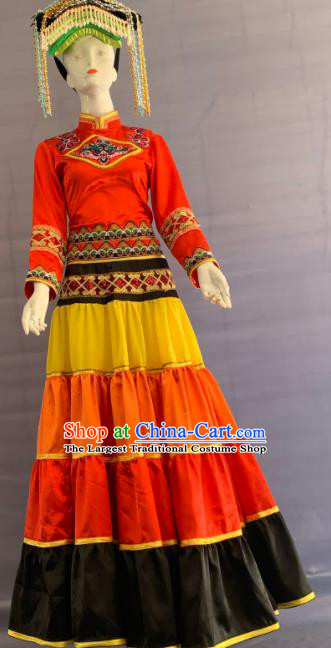 Chinese Yi Nationality Dance Clothing Minority Folk Dance Dress Uniforms Sichuan Ethnic Torch Festival Garment Costumes and Headwear