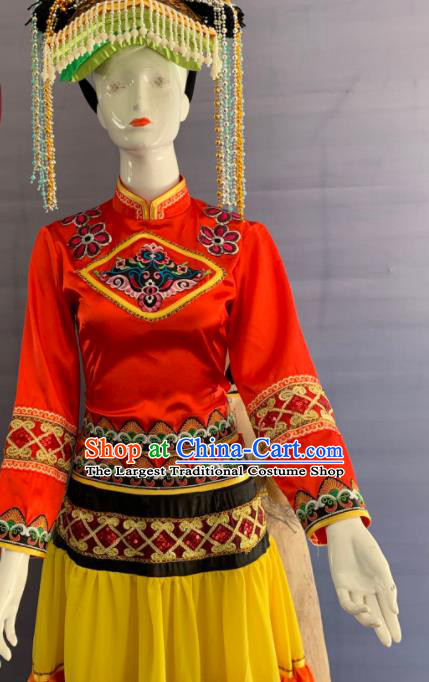 Chinese Yi Nationality Dance Clothing Minority Folk Dance Dress Uniforms Sichuan Ethnic Torch Festival Garment Costumes and Headwear