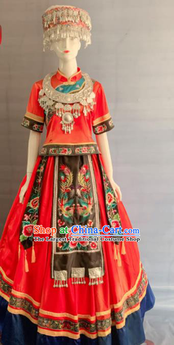 Chinese Miao Nationality Wedding Clothing Hmong Minority Bride Red Dress Uniforms Xiangxi Ethnic Folk Dance Garment Costumes and Silver Hat