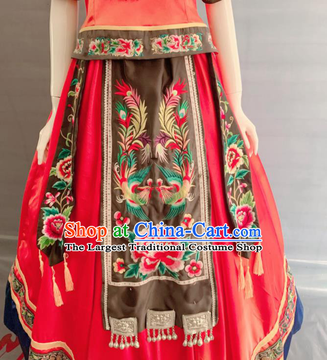 Chinese Miao Nationality Wedding Clothing Hmong Minority Bride Red Dress Uniforms Xiangxi Ethnic Folk Dance Garment Costumes and Silver Hat