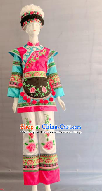 Chinese Bai Nationality Wedding Clothing Minority Woman Embroidered Uniforms Yunnan Ethnic Folk Dance Garment Costumes and Hat