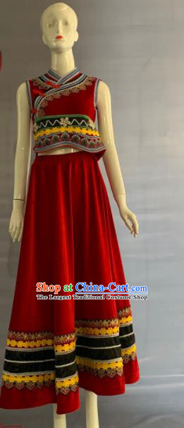 Chinese Lisu Nationality Woman Clothing Minority Wedding Red Velvet Dress Uniforms Yunnan Ethnic Folk Dance Garment Costumes