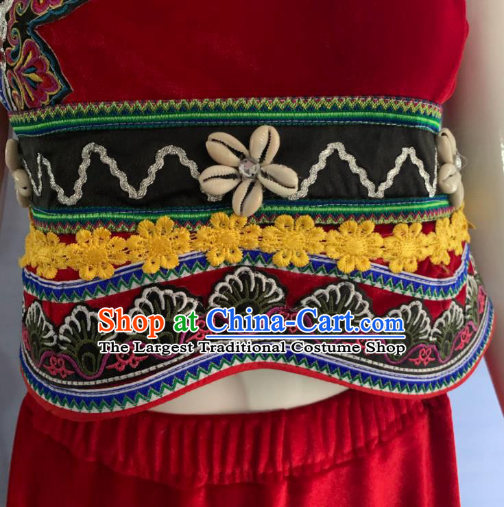 Chinese Lisu Nationality Woman Clothing Minority Wedding Red Velvet Dress Uniforms Yunnan Ethnic Folk Dance Garment Costumes