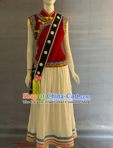 Chinese Lisu Nationality Woman Clothing Nu Minority Red Velvet Dress Uniforms Yunnan Ethnic Folk Dance Garment Costumes